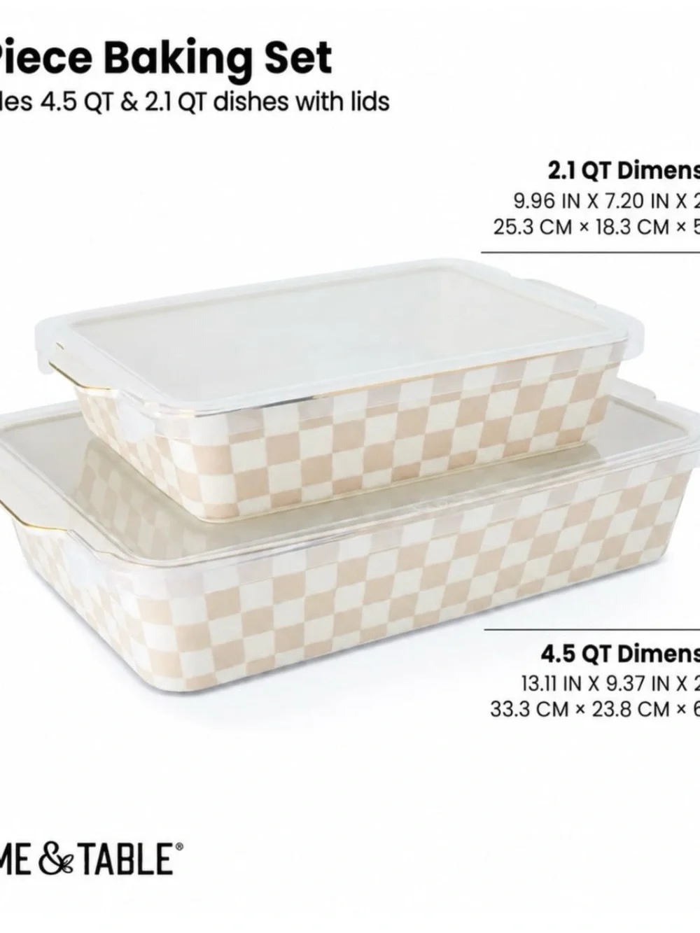 Thyme & Table Checkered Beige Checkered Ceramic Bakeware Set with Clear Lids